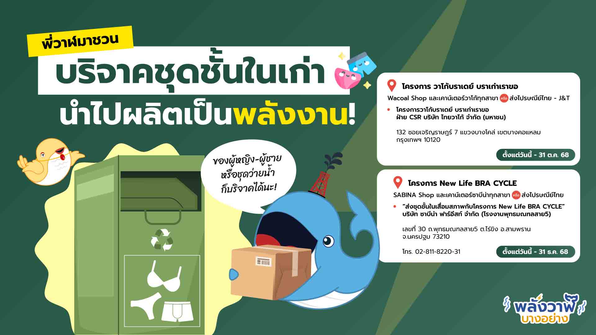 พี่วาฬชวนบริจาค ชุดชั้นในเก่า นำไปผลิตเป็นพลังงาน!, Whale Energy Station